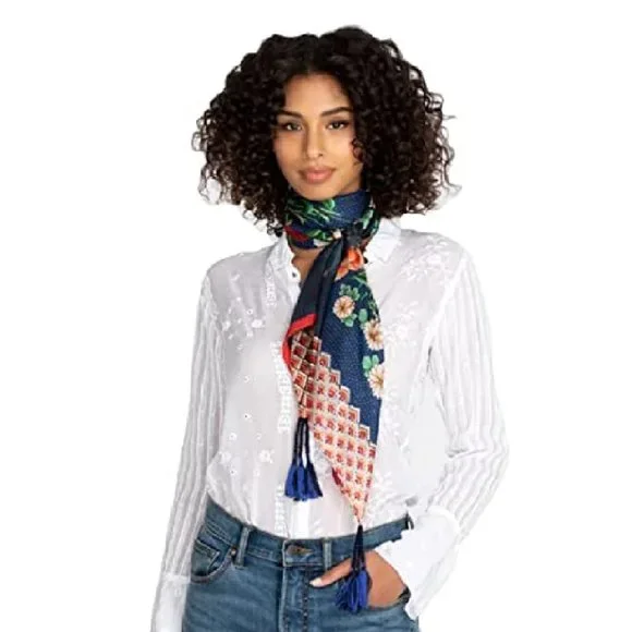 Johnny Was Dragona Silk Scarf Flower Square Large Floral Tassels - Main Image